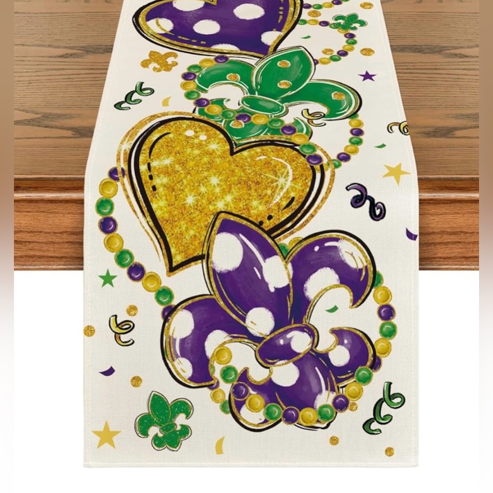 Irises Beads Love Mardi Gras Table Runner, Carnival Extra Long Runner 13” x 108”